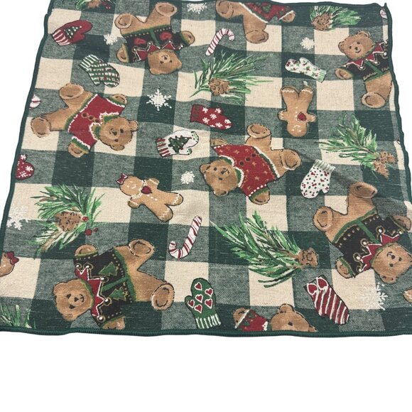 Christmas Teddy Bears Pine Mittens Checkerboard Fabric Napkin 16x16 Set of 4 - Picture 2 of 6